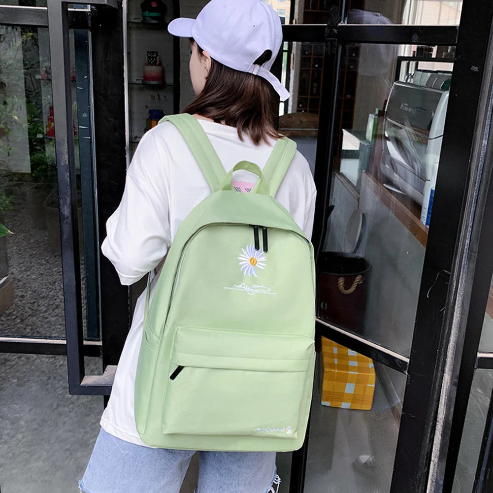 Women Backpack Daisy Embroidery Pattern Casual Shoulder Bag