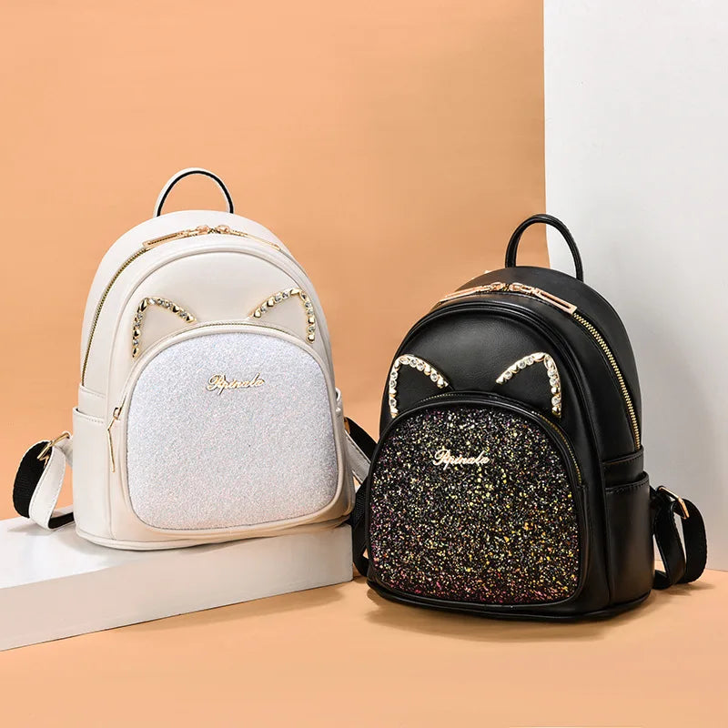 Women Backpacks PU Leather Schoolbag Teenager Girls Female Sequins