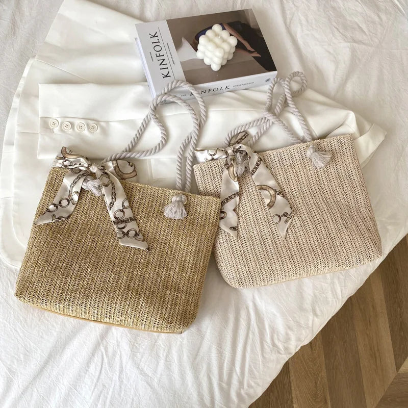 Summer Straw Shoulder Bag with Silk Scarf, Lightweight Tote Purse