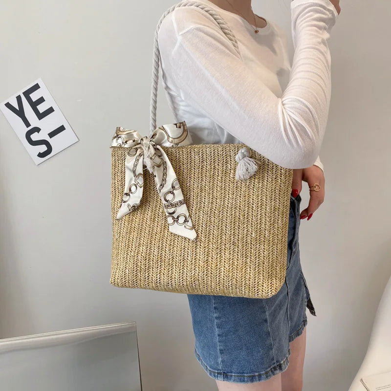 Summer Straw Shoulder Bag with Silk Scarf, Lightweight Tote Purse