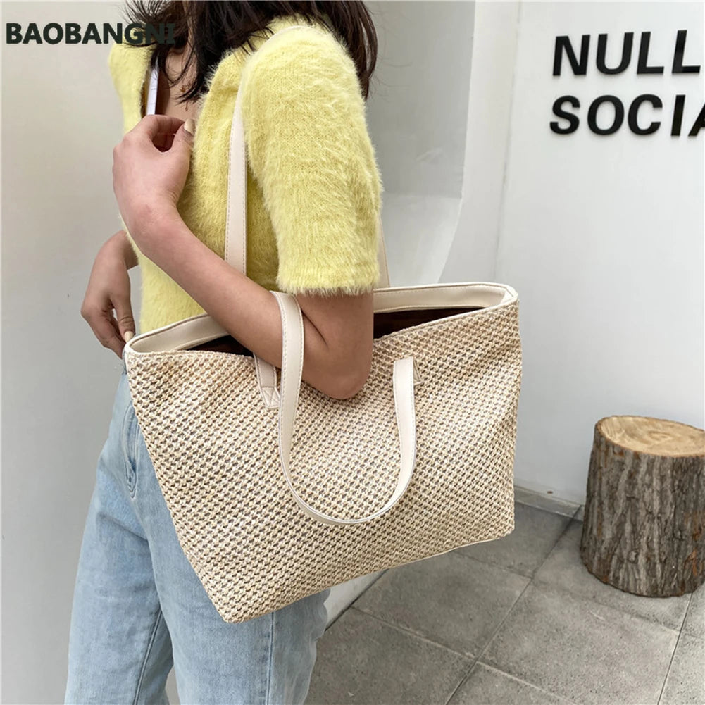 Women Beach Straw Woven Shoulder Tote Bag Casual Large Handbags