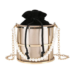 Pearls Beaded Handle Women Bucket Bags Chain Shoulder Crossbody Evening Clutch