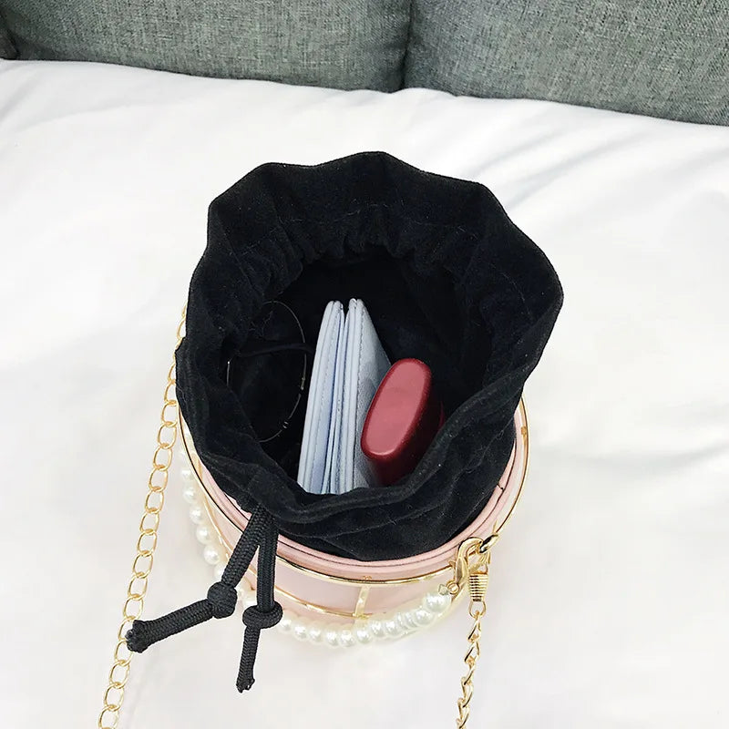 Pearls Beaded Handle Women Bucket Bags Chain Shoulder Crossbody Evening Clutch