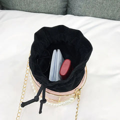 Pearls Beaded Handle Women Bucket Bags Chain Shoulder Crossbody Evening Clutch
