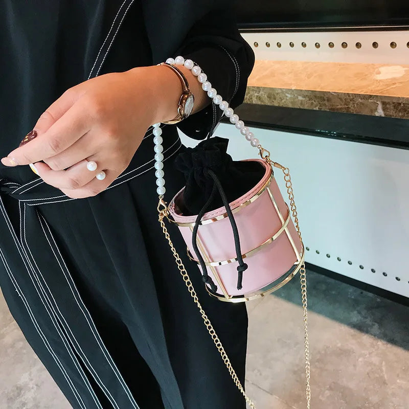 Pearls Beaded Handle Women Bucket Bags Chain Shoulder Crossbody Evening Clutch