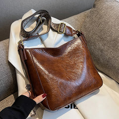 Women Bucket Shoulder Bags High Retro Oil Wax Pu Leather Crossbody Bag