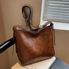 Women Bucket Shoulder Bags High Retro Oil Wax Pu Leather Crossbody Bag