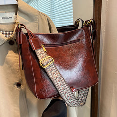 Women Bucket Shoulder Bags High Retro Oil Wax Pu Leather Crossbody Bag
