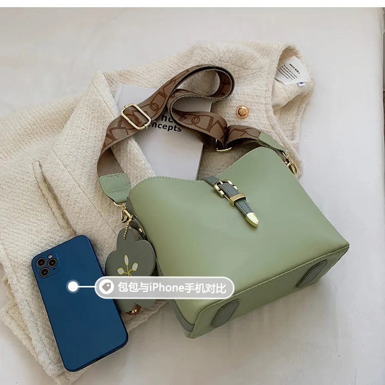 Women Bucket Shoulder Bags Printed Wide Strap Lady Crossbody Bag Green