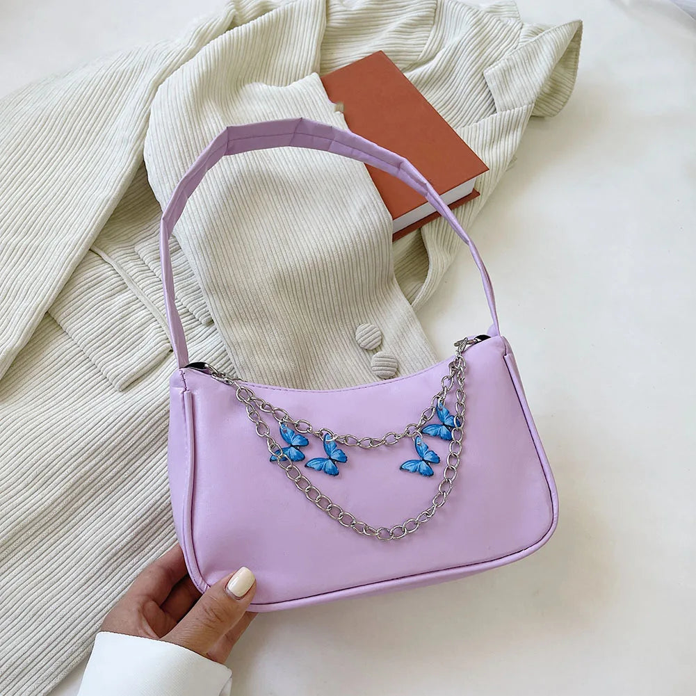 Women Butterfly Chain Bag Candy Ladies Shoulder Underarm Bags PU Leather Handbag
