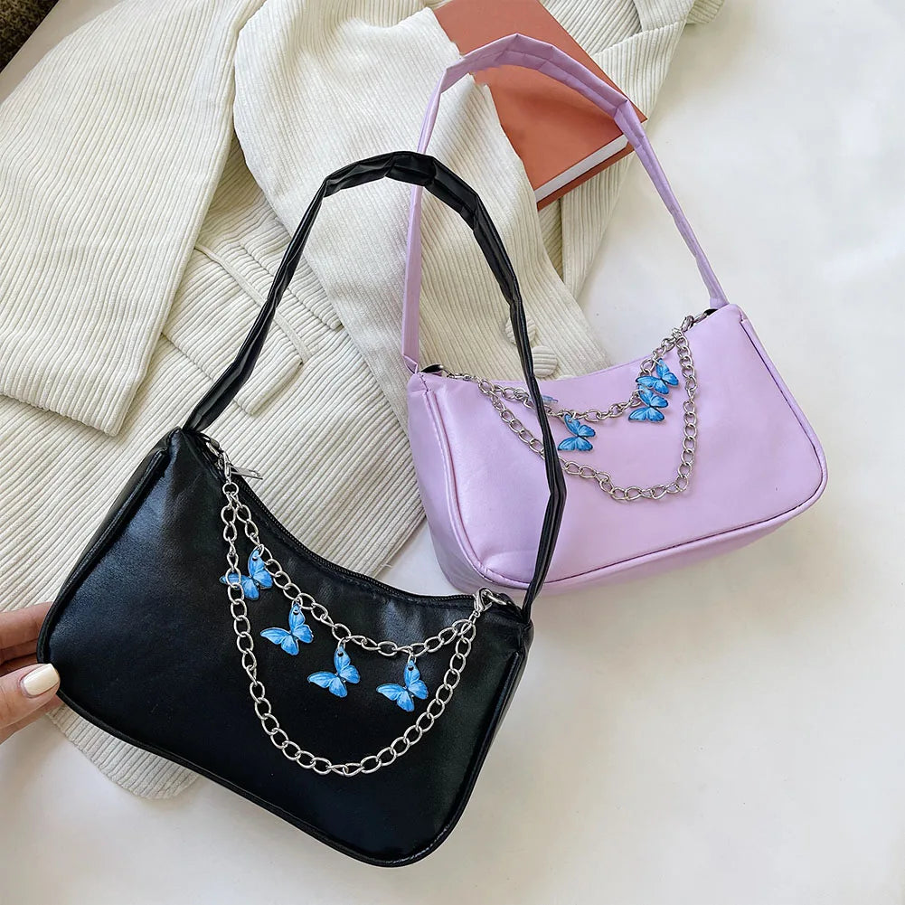 Women Butterfly Chain Bag Candy Ladies Shoulder Underarm Bags PU Leather Handbag