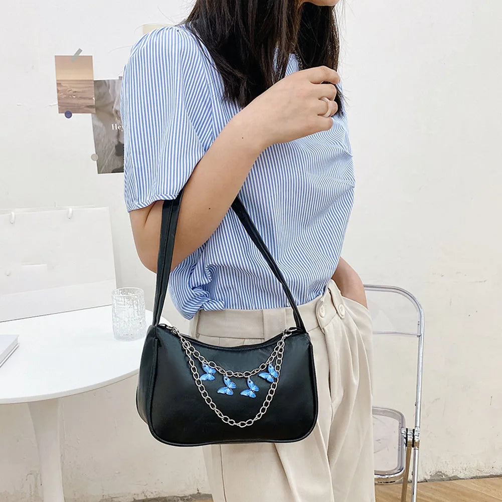 Women Butterfly Chain Bag Candy Ladies Shoulder Underarm Bags PU Leather Handbag