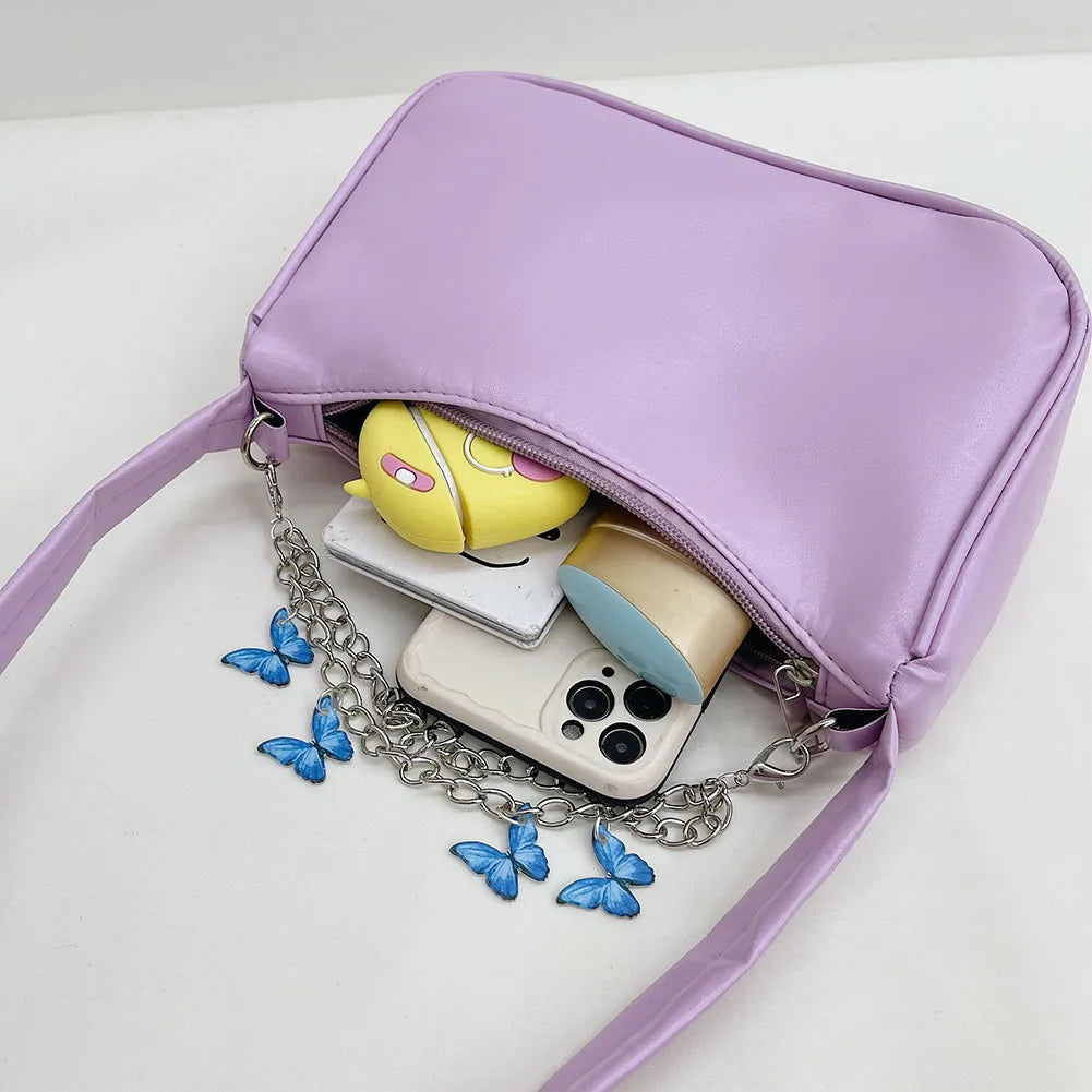 Women Butterfly Chain Bag Candy Ladies Shoulder Underarm Bags PU Leather Handbag
