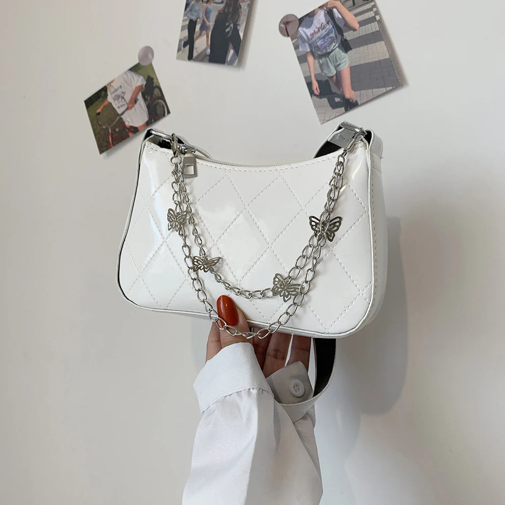 Women Butterfly Chain Shoulder Bags PU Leather Lattice Pattern Armpit Bags