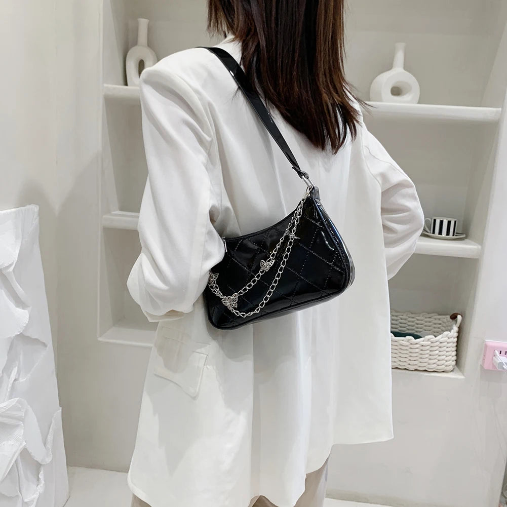 Women Butterfly Chain Shoulder Bags PU Leather Lattice Pattern Armpit Bags