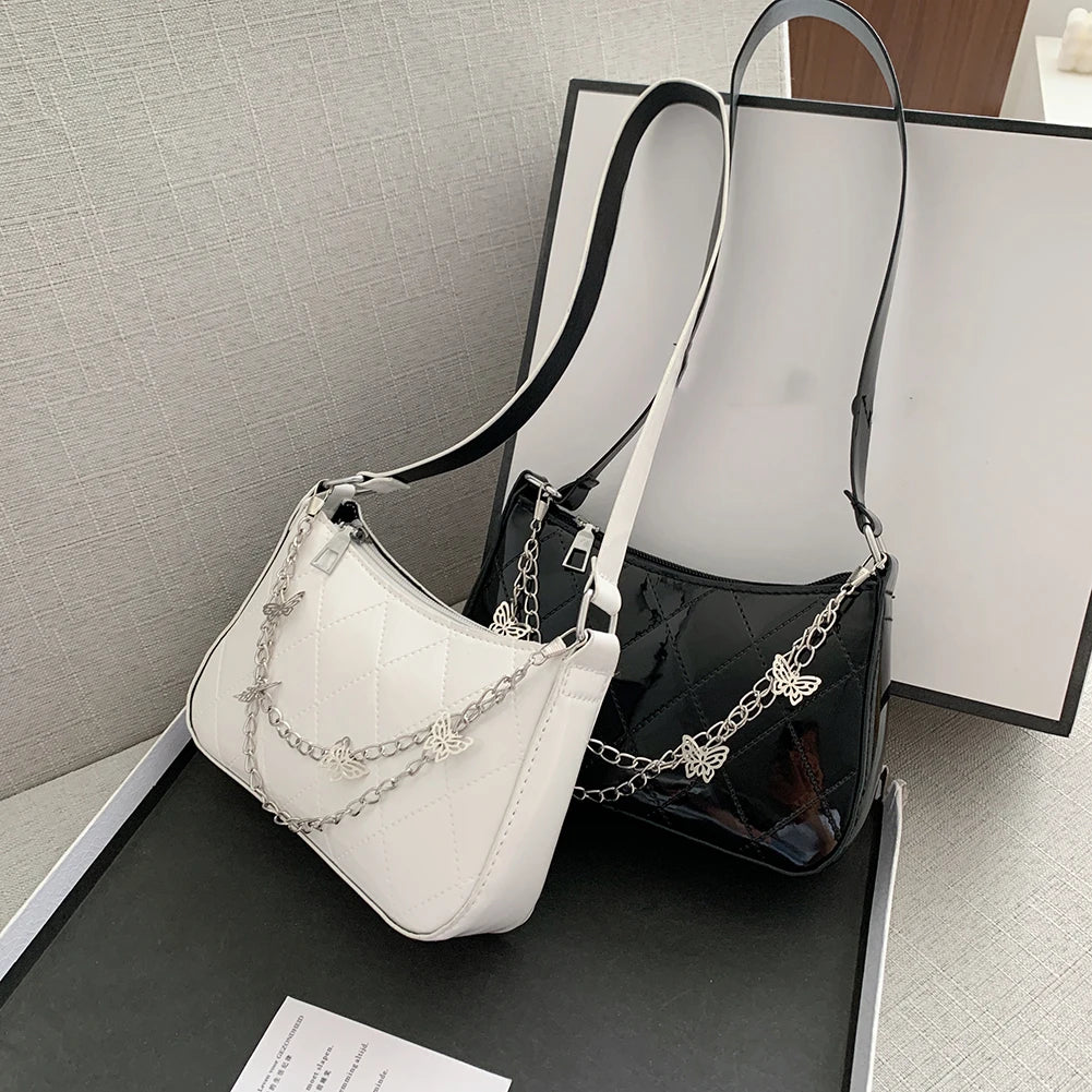 Women Butterfly Chain Shoulder Bags PU Leather Lattice Pattern Armpit Bags