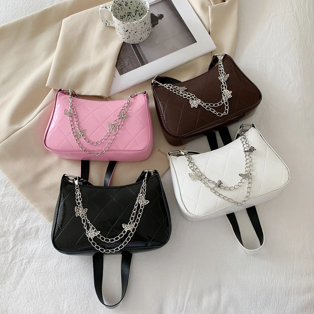 Women Butterfly Chain Shoulder Bags PU Leather Lattice Pattern Armpit Bags