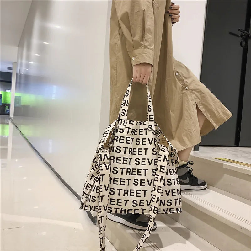 Women Canvas Letters Printing Shoulder Bag Vintage Large Tote Handbag