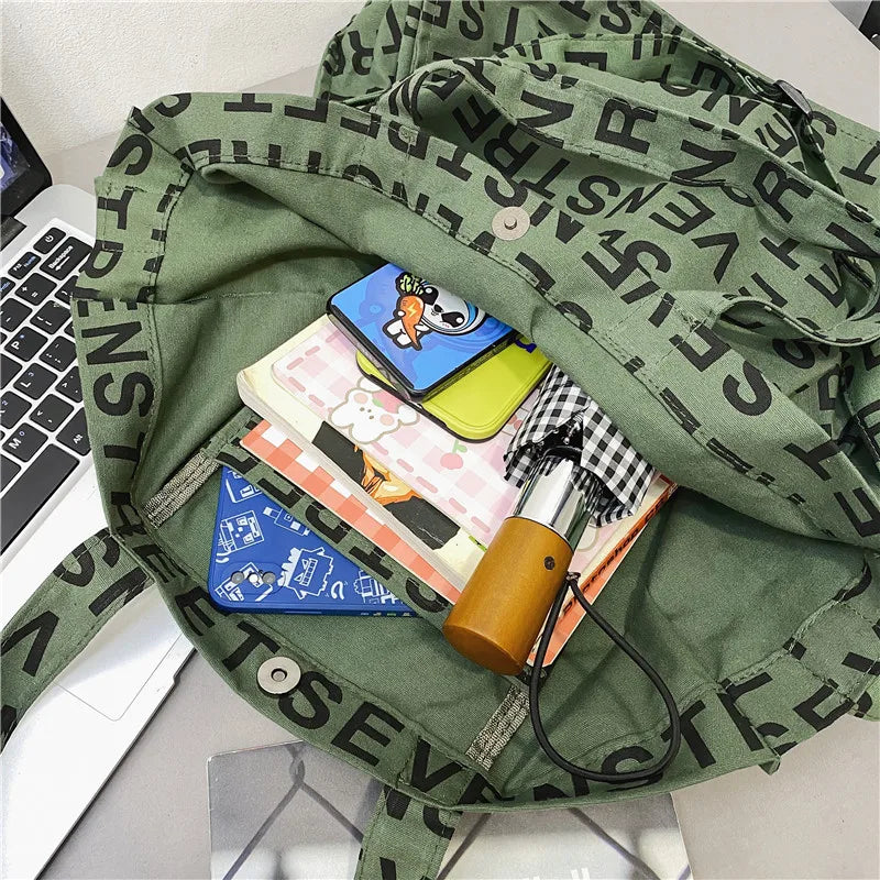 Women Canvas Letters Printing Shoulder Bag Vintage Large Tote Handbag