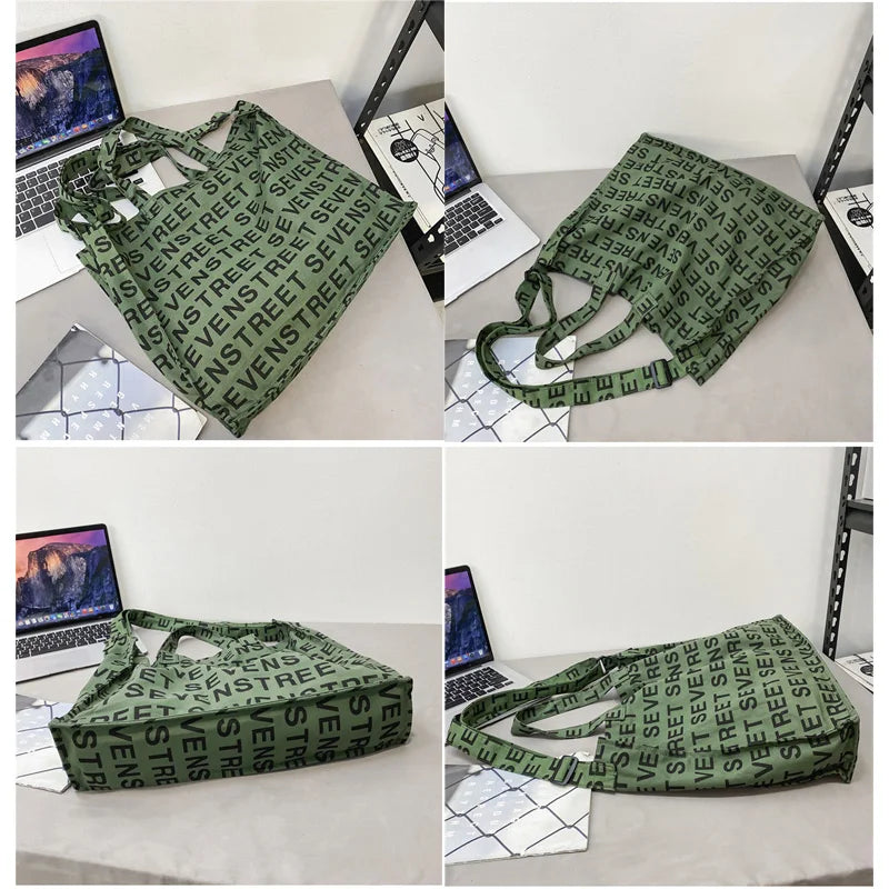Women Canvas Letters Printing Shoulder Bag Vintage Large Tote Handbag