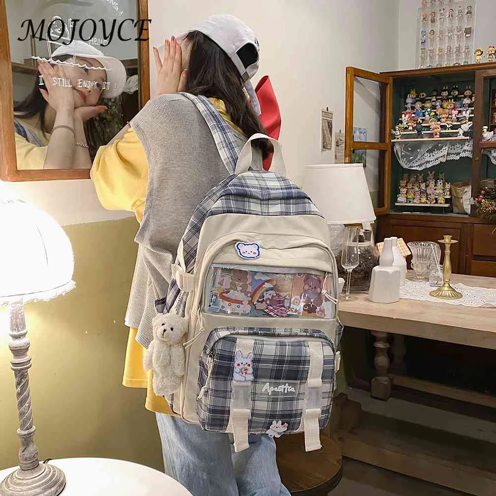 Canvas Rucksack Patchwork Backpack Preppy Style Students Knapsack