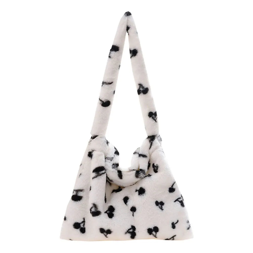 Women Casual Plush Cherry Pattern Small Shoulder Bag