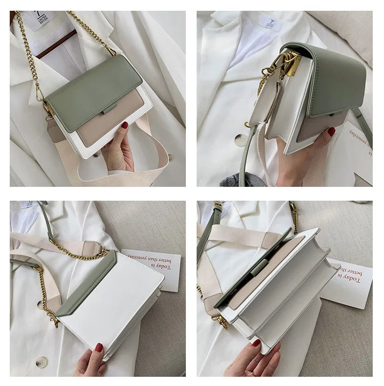 Women Chain Crossbody Bag PU Leather Wide Strap Shoulder Bags