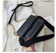 Women Chain Crossbody Bag PU Leather Wide Strap Shoulder Bags