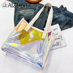 Women Clear Tote PVC Laser Waterproof Transparent Handbags Large Shopper