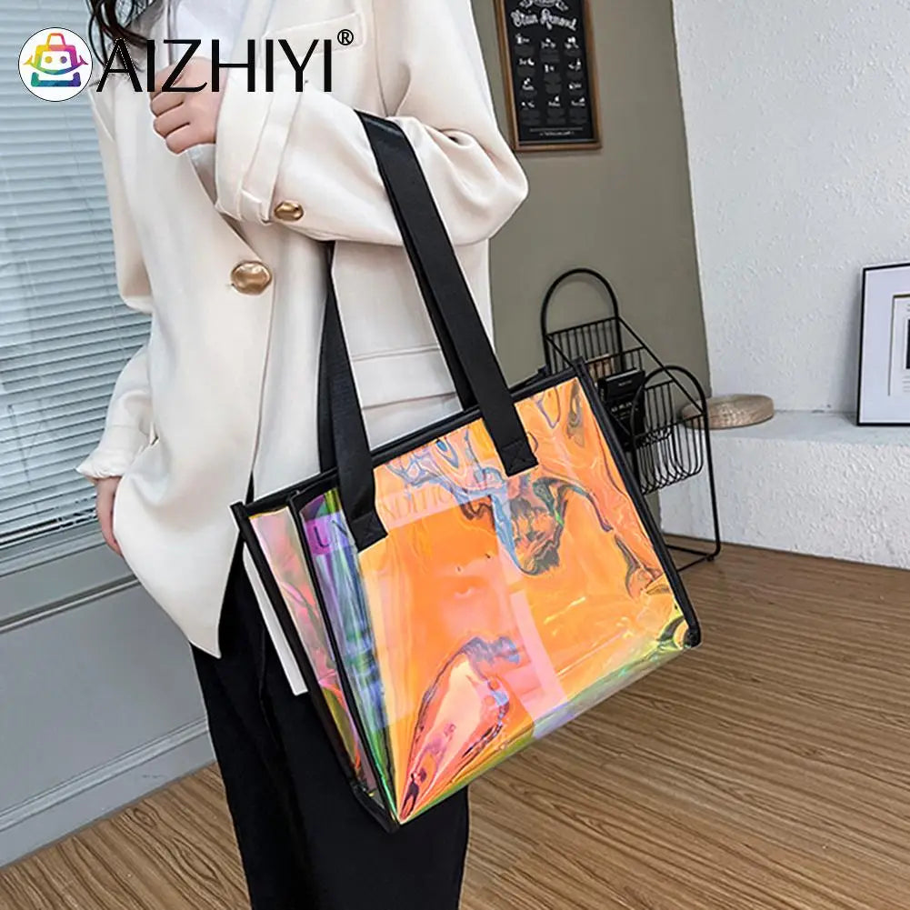 Women Clear Tote PVC Laser Waterproof Transparent Handbags Large Shopper