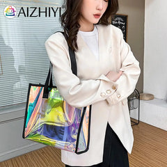 Women Clear Tote PVC Laser Waterproof Transparent Handbags Large Shopper
