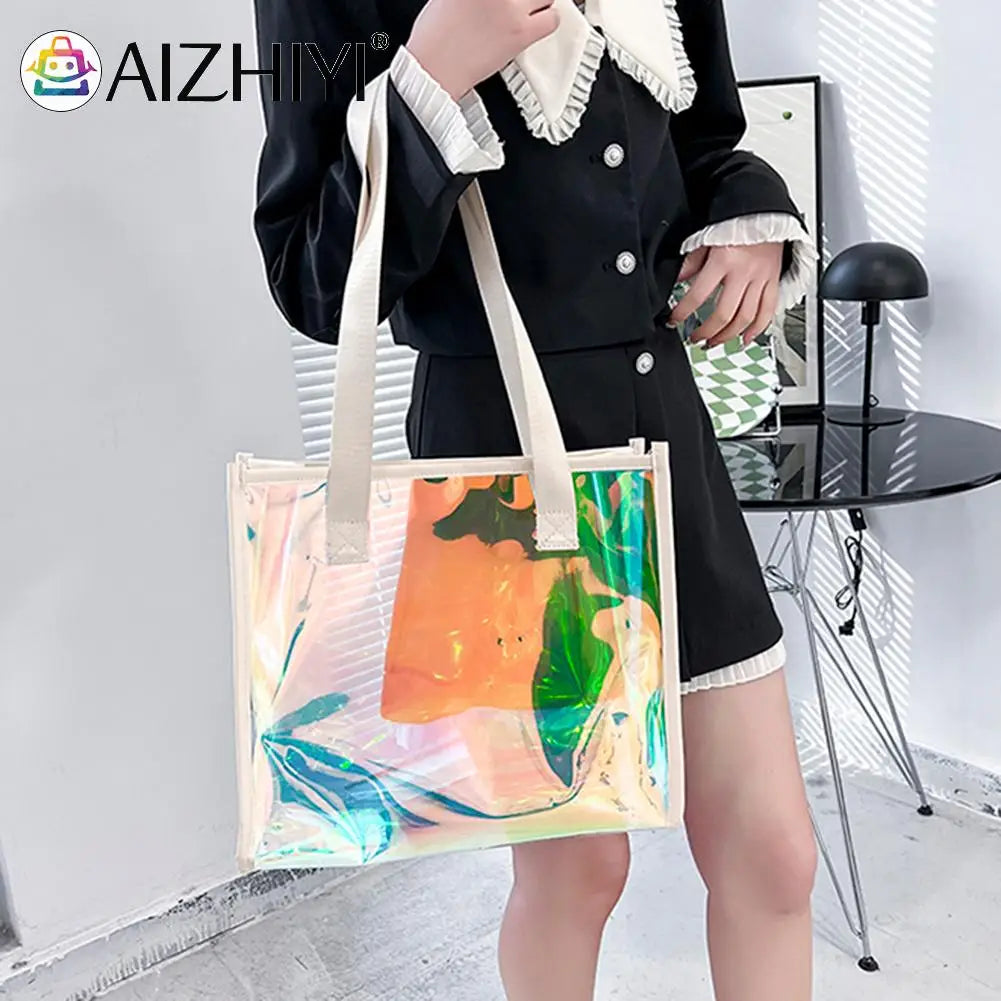 Women Clear Tote PVC Laser Waterproof Transparent Handbags Large Shopper
