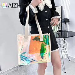 Women Clear Tote PVC Laser Waterproof Transparent Handbags Large Shopper