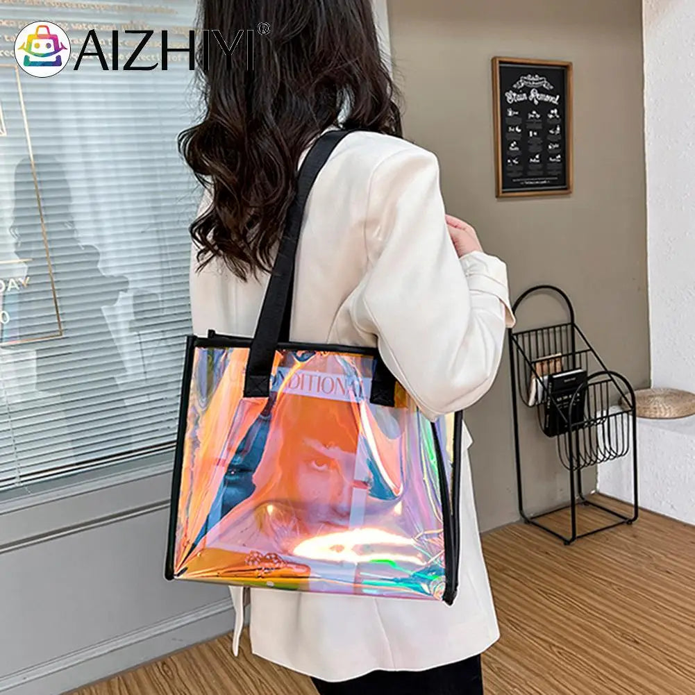 Women Clear Tote PVC Laser Waterproof Transparent Handbags Large Shopper