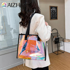 Women Clear Tote PVC Laser Waterproof Transparent Handbags Large Shopper