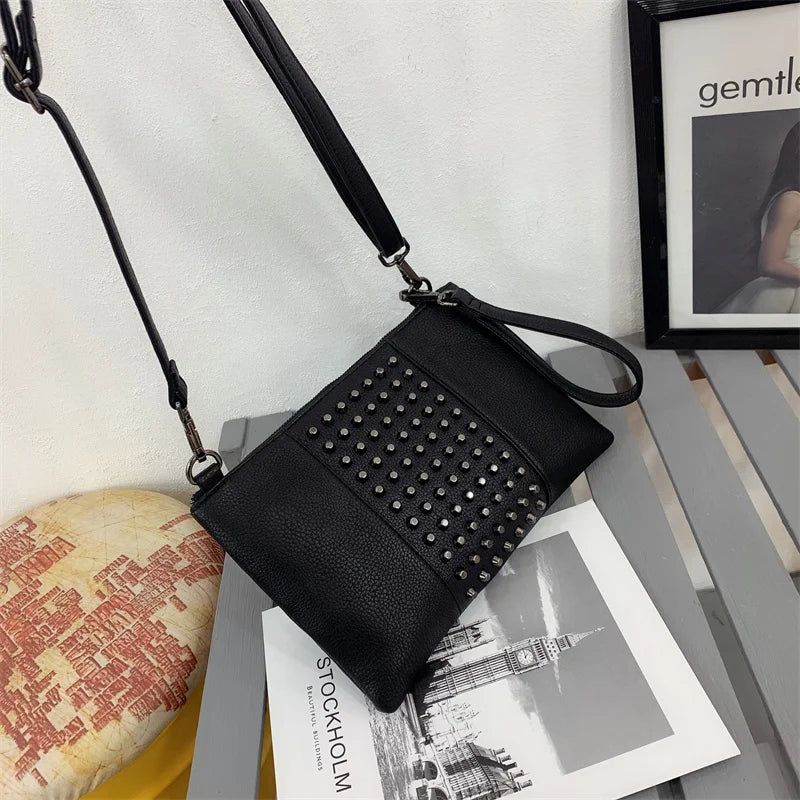 Vintage Large Size Women Clutch Bag PU Leather Rivet Crossbody Shoulder Bag