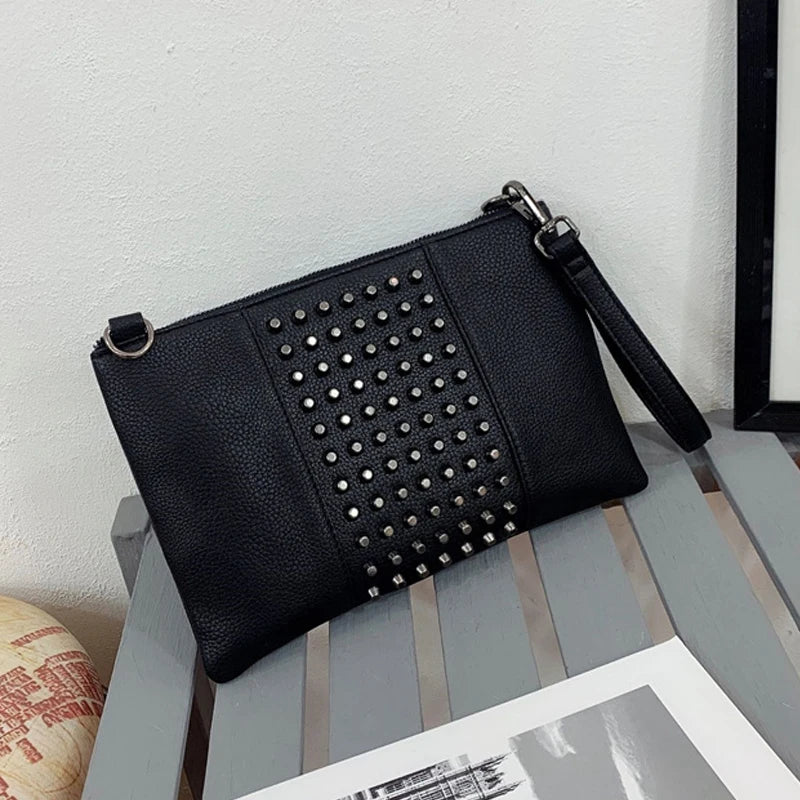 Vintage Large Size Women Clutch Bag PU Leather Rivet Crossbody Shoulder Bag