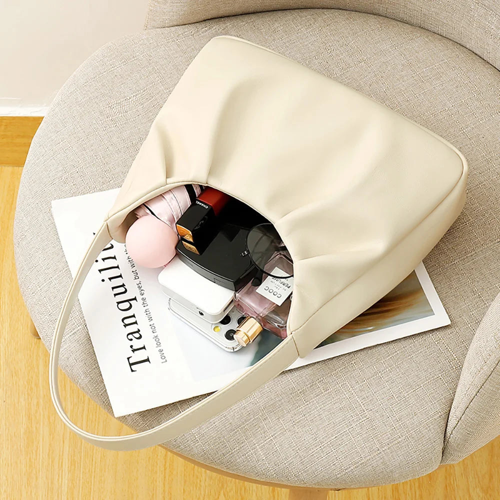 Women Commuter Shoulder Bag Cloud Pleated Pu Leather Handbags