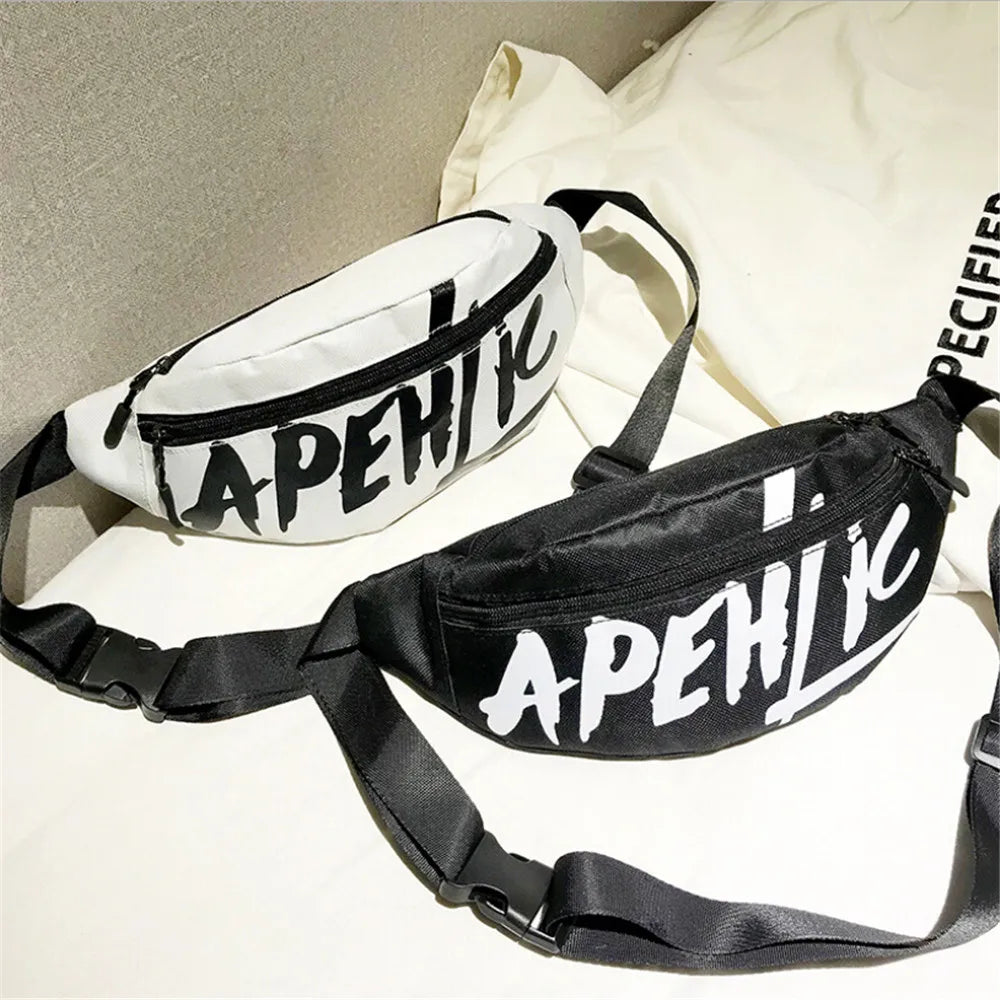 Women Hip-Hop Letter Print Canvas Waist Pack Bum Bag Belt Travel Fanny Pack