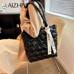 Women Cotton Padded Top-handle Bag Soft Zipper Autumn Winter Handbags