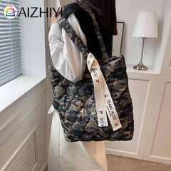 Women Cotton Padded Top-handle Bag Soft Zipper Autumn Winter Handbags