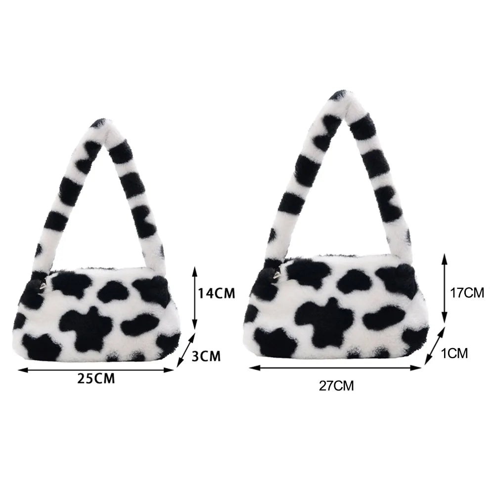 Plush Cow Print Mini Shoulder Bag Soft Tote Bag