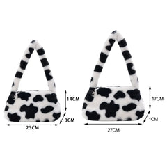 Plush Cow Print Mini Shoulder Bag Soft Tote Bag