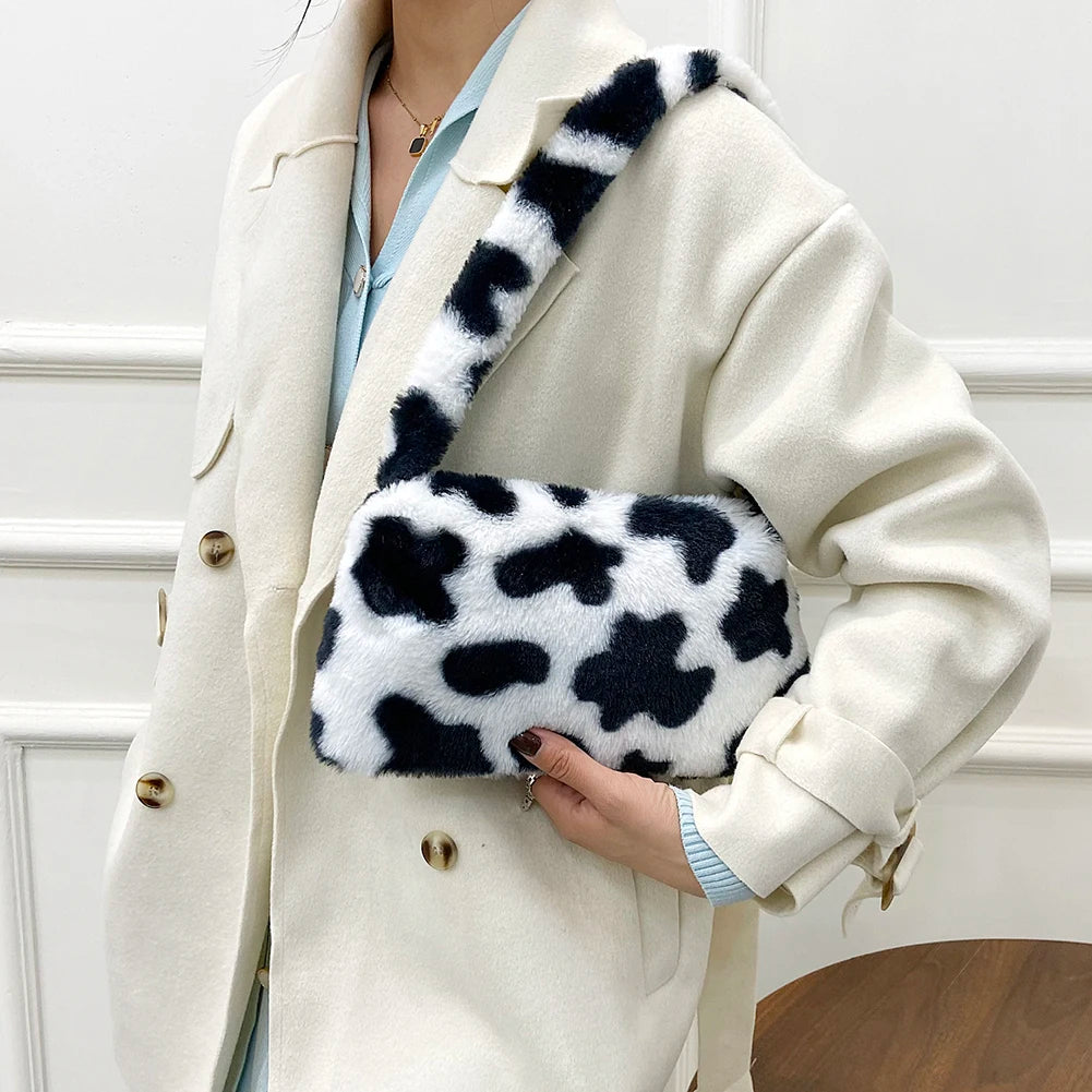 Plush Cow Print Mini Shoulder Bag Soft Tote Bag