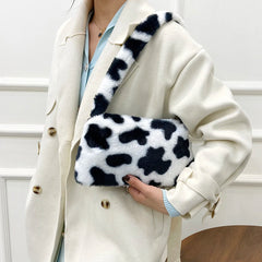 Plush Cow Print Mini Shoulder Bag Soft Tote Bag