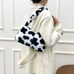 Plush Cow Print Mini Shoulder Bag Soft Tote Bag