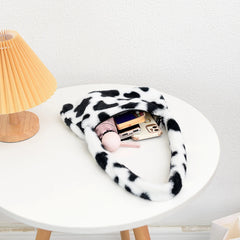 Plush Cow Print Mini Shoulder Bag Soft Tote Bag