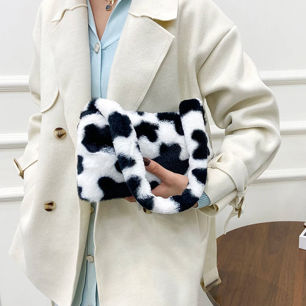 Plush Cow Print Mini Shoulder Bag Soft Tote Bag