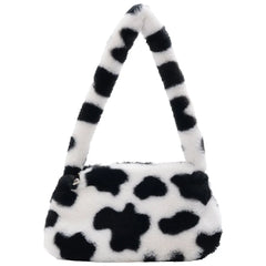 Plush Cow Print Mini Shoulder Bag Soft Tote Bag