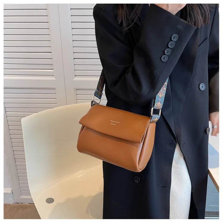 Women Crossbody Bag PU Leather Wide Strap Messenger Bags Female Solid Flap Purse